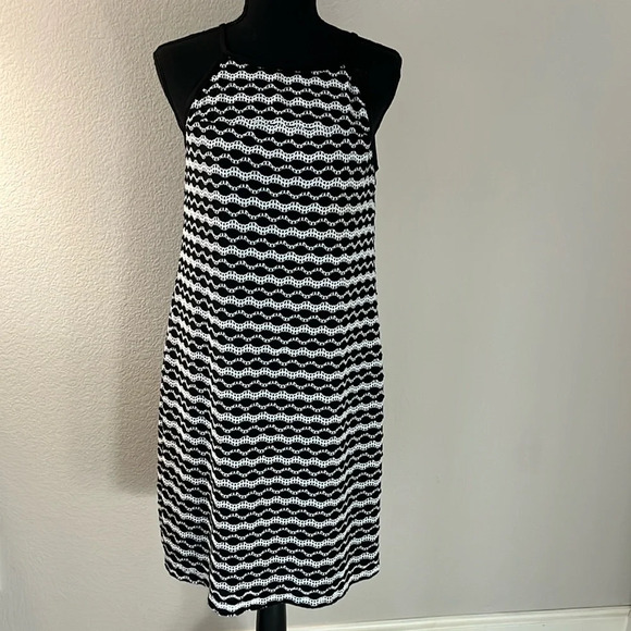 Black White Crochet Lined Summer Lightweight Knee Casual Dress Halter Top Medium - Picture 1 of 8